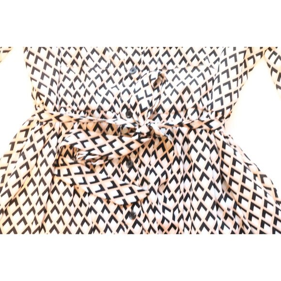 Geometric Print Tie Waist Dress Long Sleeve Black Button Vintage Retro 70s - Picture 7 of 9